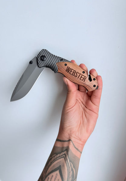 Engraved Wood Pocket Knife