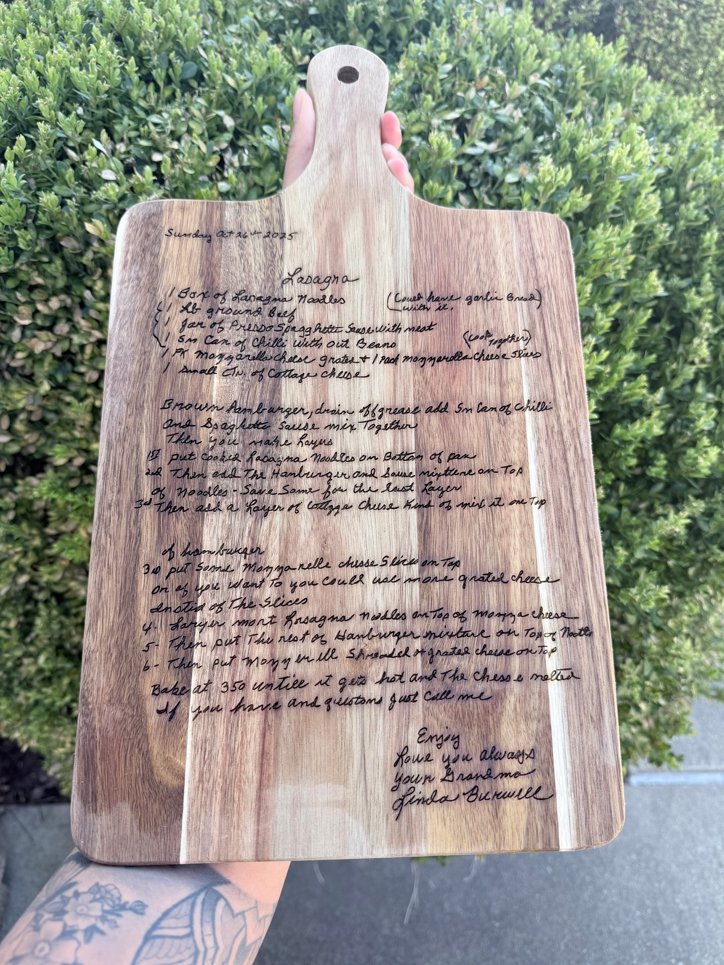 Handwritten recipe cutting board
