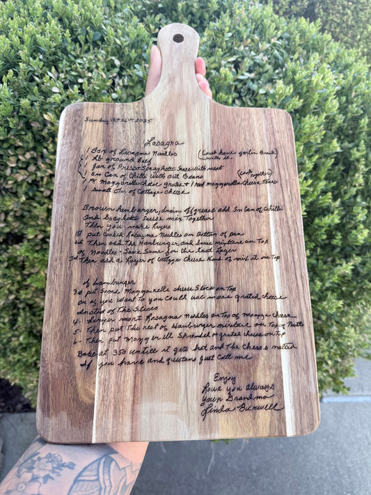Handwritten recipe cutting board